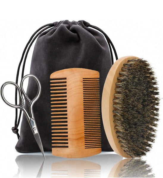 mens beard grooming kit includes wooden comb, brush and scissors 